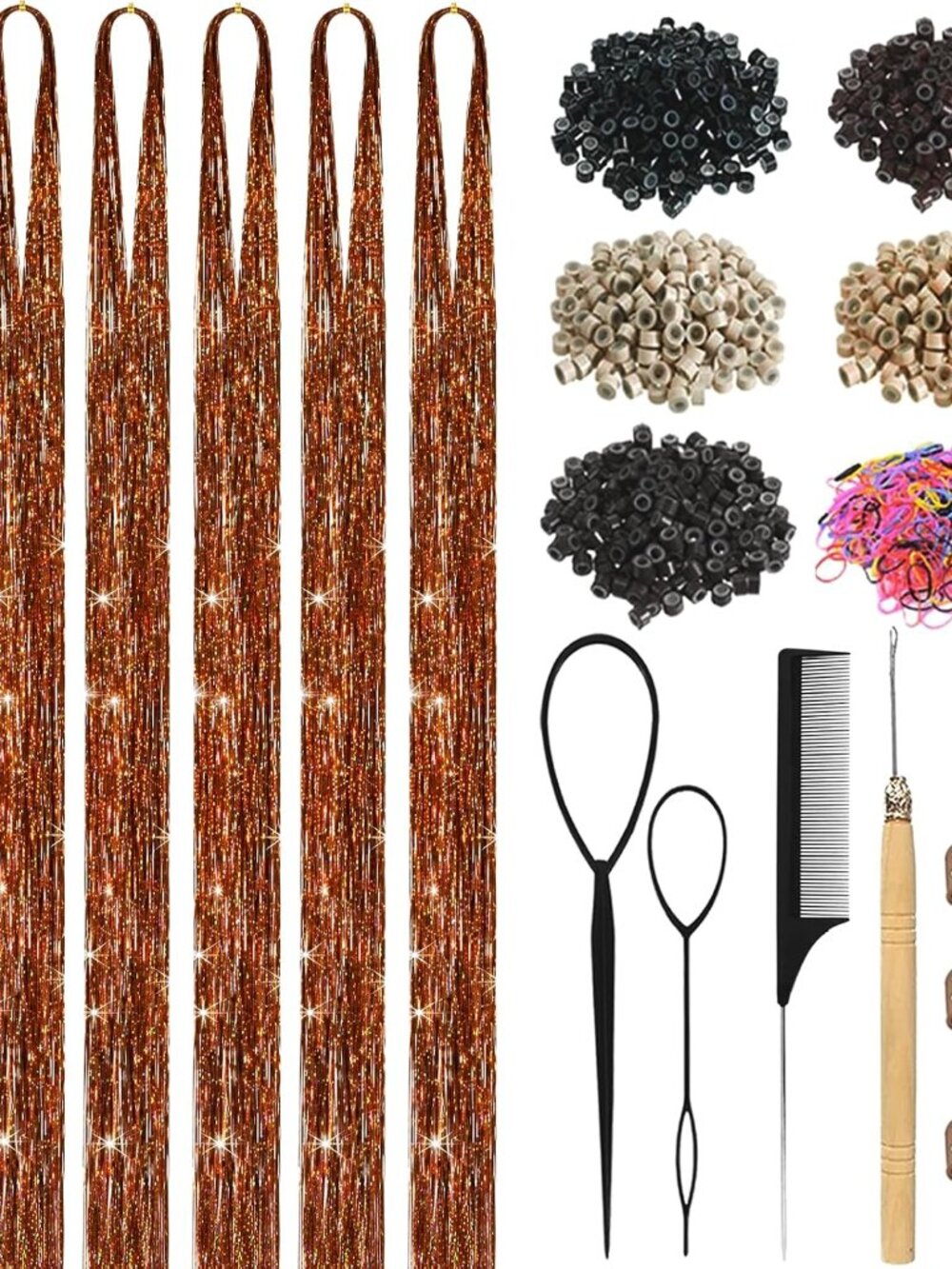 Bronze Hair Tinsel Kit for Girls Women Fairy Glitter Tinsel Hair Extensions